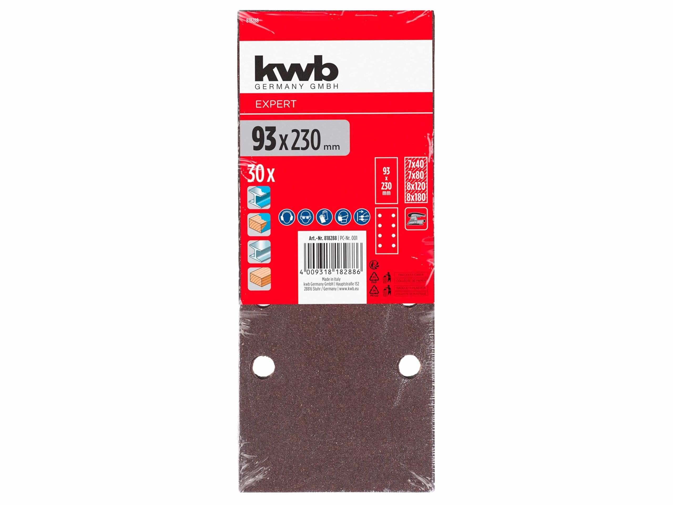 kwb 30 pz. carta abrasiva Professional, 93 x 230 mm, perforata tipo-B, grana 40/80/120/180, per legno, metallo e vernice, per levigatrici orbitali con sistema di aspirazione