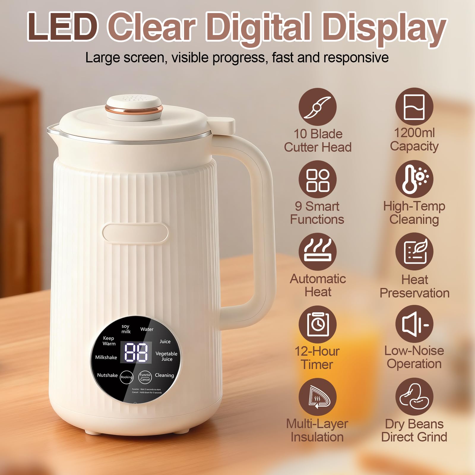 Macchina per latte di soia automatica 8 in 1, 1200 ml, macchina per il latte a base vegetale con avvio ritardato, mantiene caldo e autopulente per latte d'avena, latte di mandorle, zuppe, porridge e