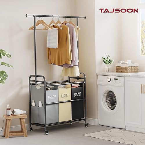 Miniatura 10 de Tajsoon Carrito clasificador de ropa con perchero colgante organizador de 4 cestas clasificadoras de mayordomo carrito de lavandería con ruedas