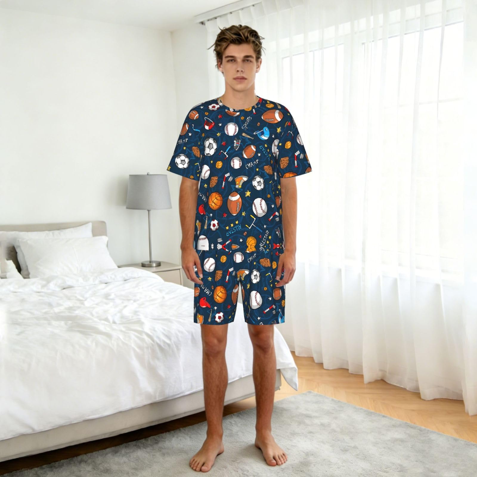 Conjunto de pijama deportivo con estampado de juego de béisbol para hombre, cómodo conjunto de pijama con pantalones cortos, perfecto para las noches de verano