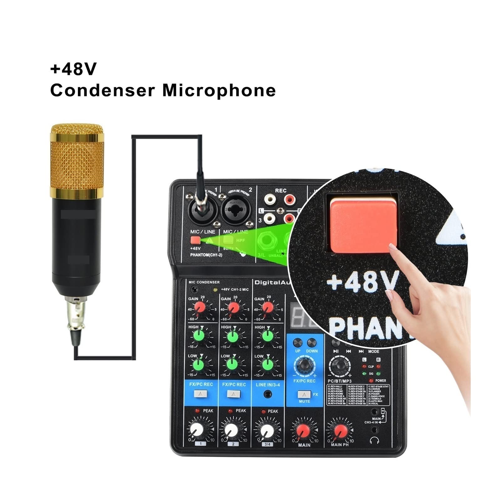 DJ-Audiomixer Professioneller tragbarer 4-Kanal-Tonmischer Konsole Computereingang 48 V Leistung Modellnummer-Zertifizierungsschnittstelle