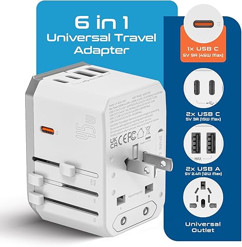 Miniatura 2 de Ceptics Adaptador de viaje universal 6 en 1 con 2X USB-A y 3X USB-C, 45 W para uso global, compatible con EE. UU., UE, Reino Unido y más, blanco
