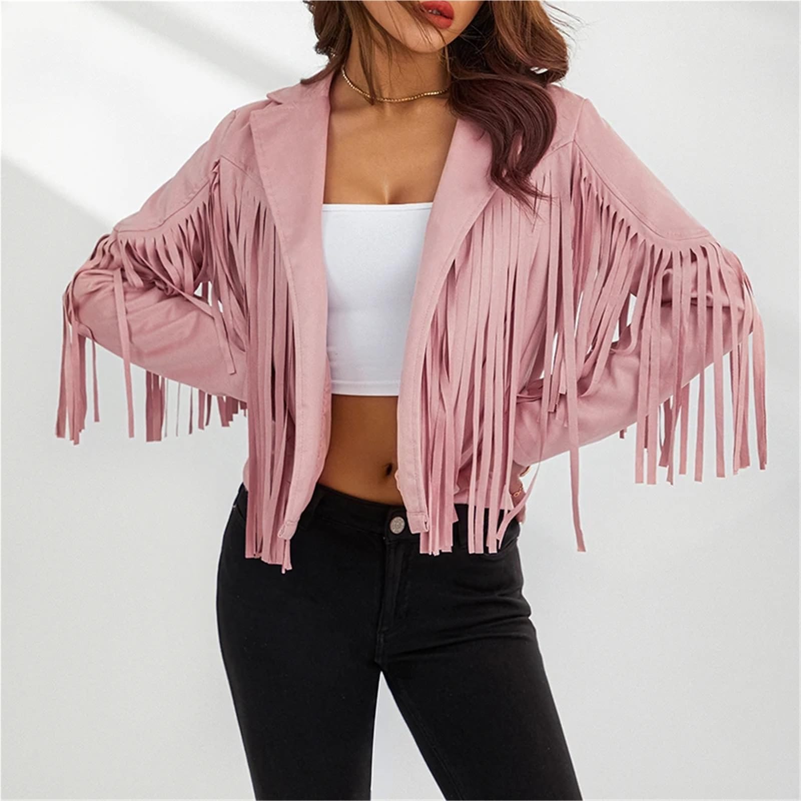 Top con Frange Cappotto da Donna Primavera Autunno Slim Manica Lunga Aperto Davanti Giacca Tinta Unita con Colletto e Nappe per Le Donne(Pink,XL)