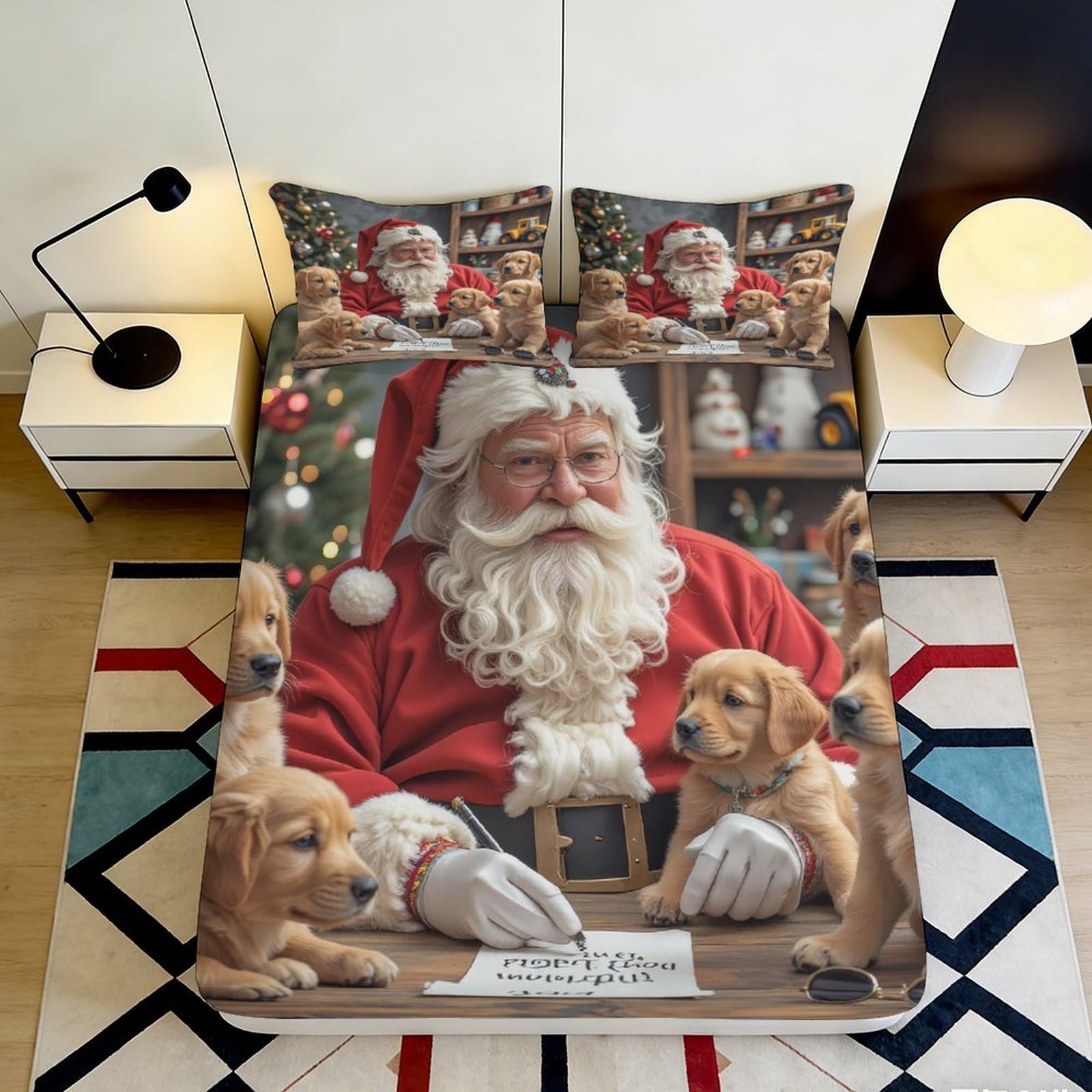 3D Printed Santa Claus Puppy Fitted Sheet Microfiber Non Slip Christmas Mattress Cover for Bedroom Dorm Decor 120x200x25cm