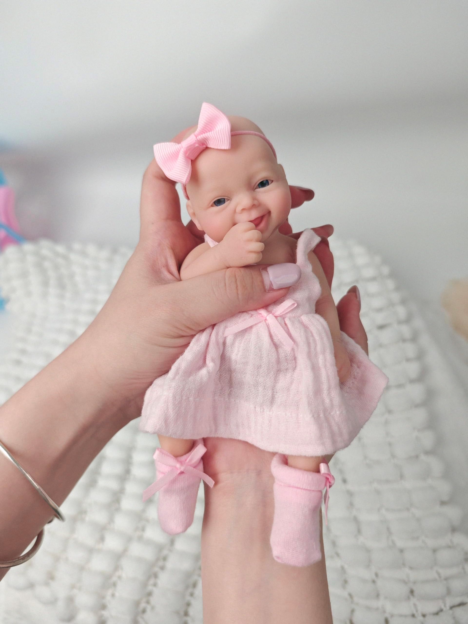 7" Reborn Babies Silicone Full Body Micro Realistic Newborn Doll Lifelike Eyes Open Smile Baby Girl Looking Real with Pink Dress Accessories for Kids Birthday Gift