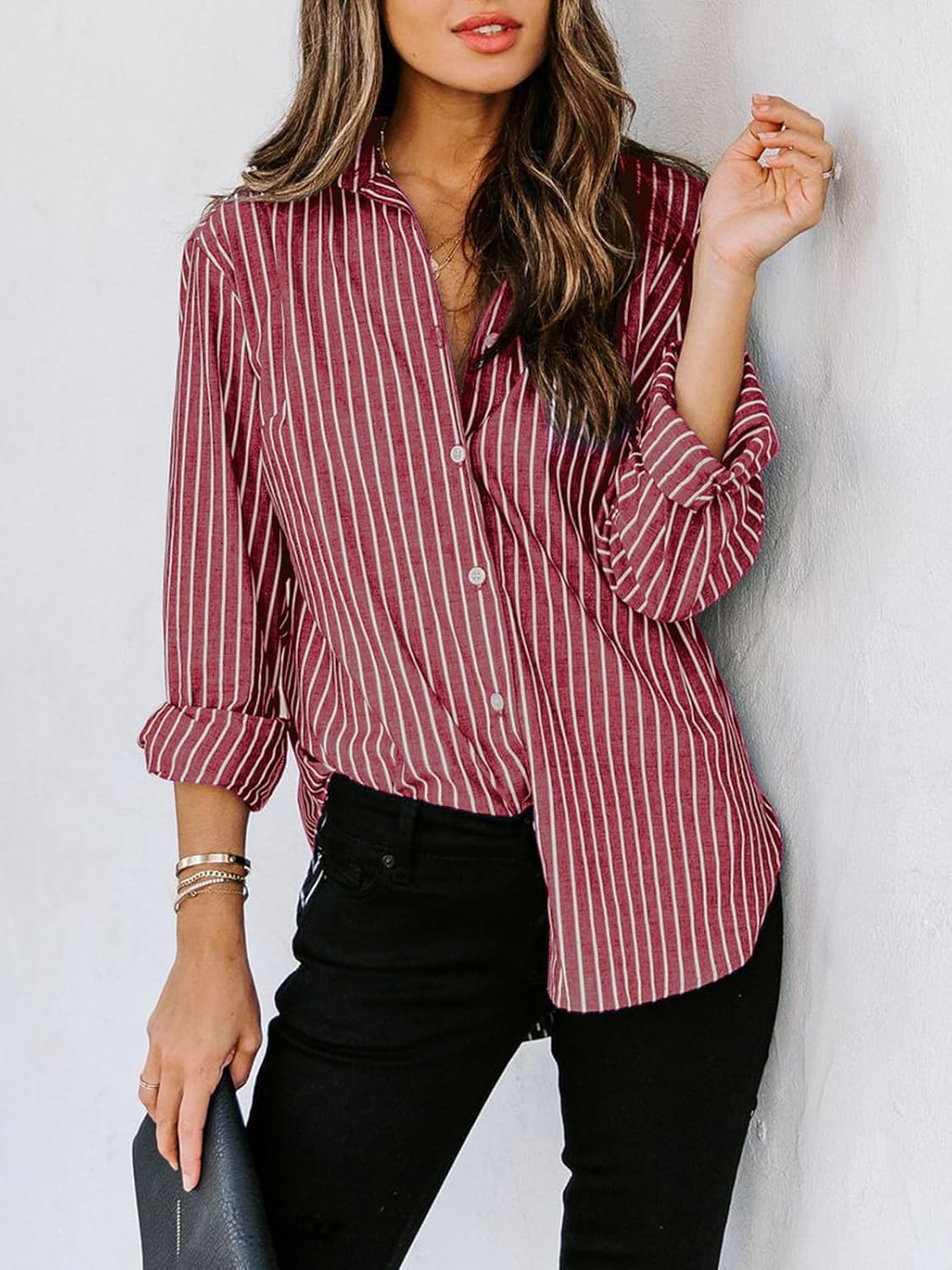 Womens Button Down Shirts Cotton Striped Dress Shirt Long Sleeve Collared Office Work Pinstripes Blouses Tops - Image 3