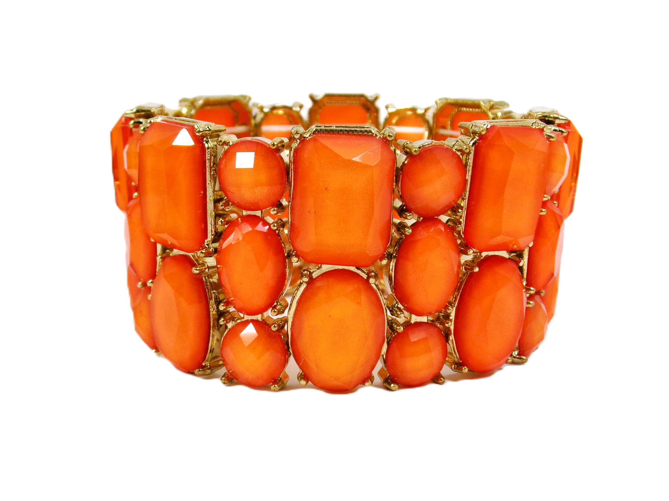Beautiful wide orange stretch bracelet designed with a mix of bead shapes in oval, round, and rectangle and all in gold prong settings., Large