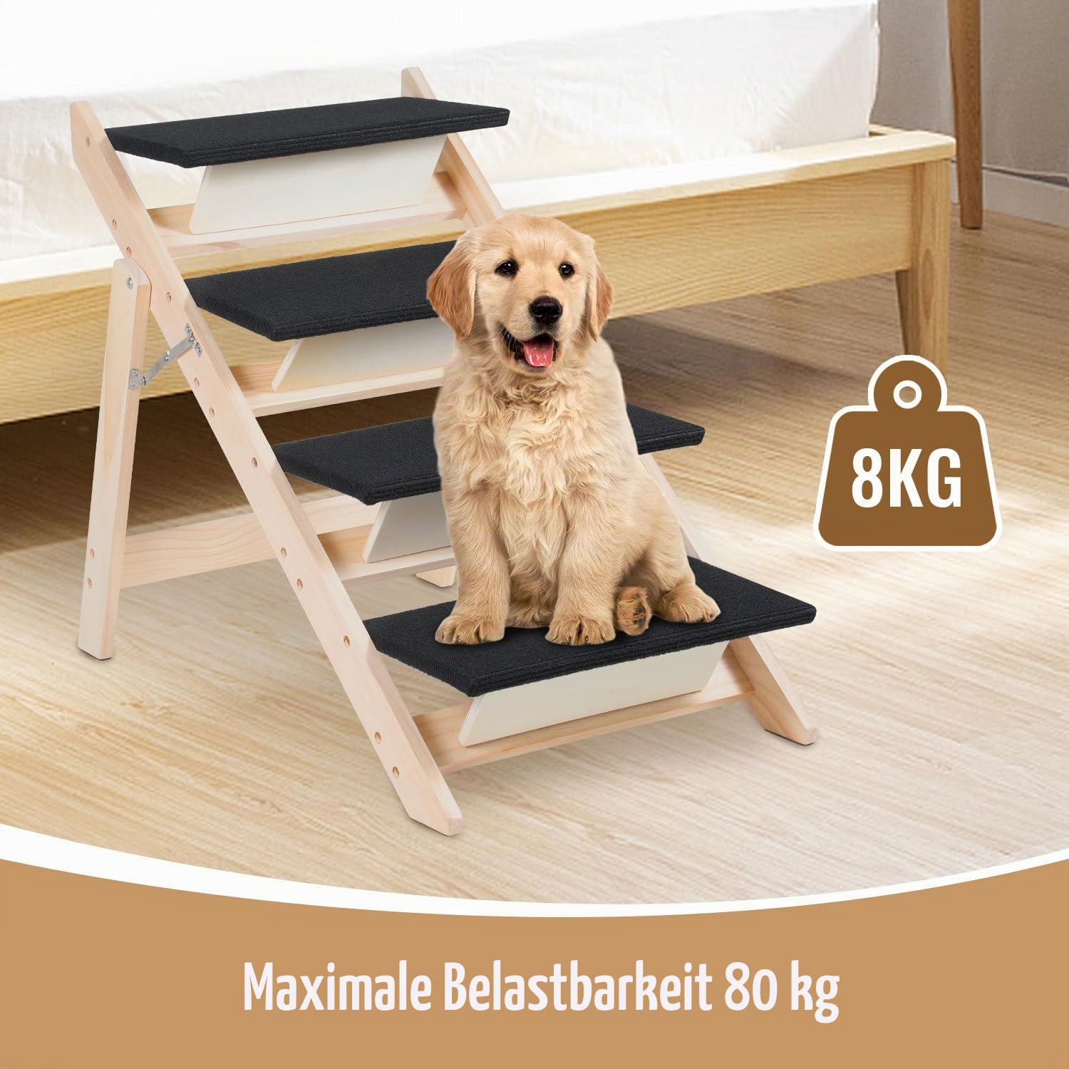 Hundetreppe Klappbare 4 Stufen 2-in-1 Hunderampe aus Holz 65cm hoch