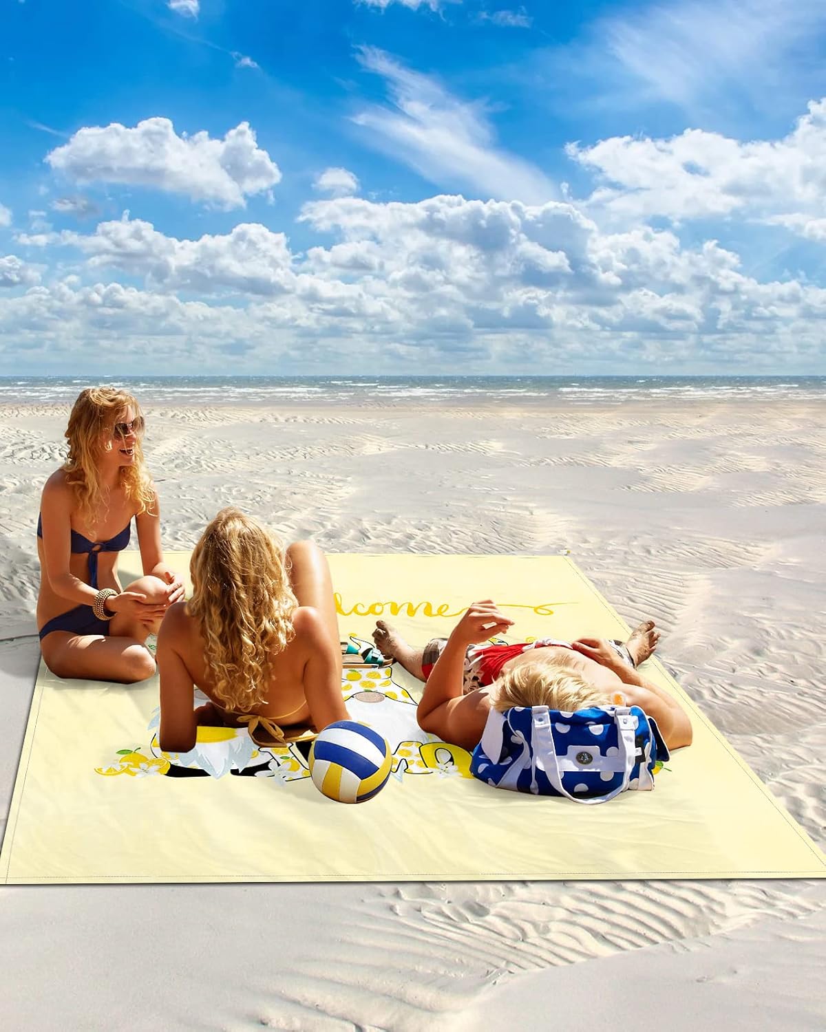Funny Dwarfs with Lemons Beach Blanket Waterproof Sandproof Outdoor Picnic Mat 95"x80" Spring Animals Butterfly Lightweight Large Beaach Blankets with 4 Stake & 4 Corner Pockets