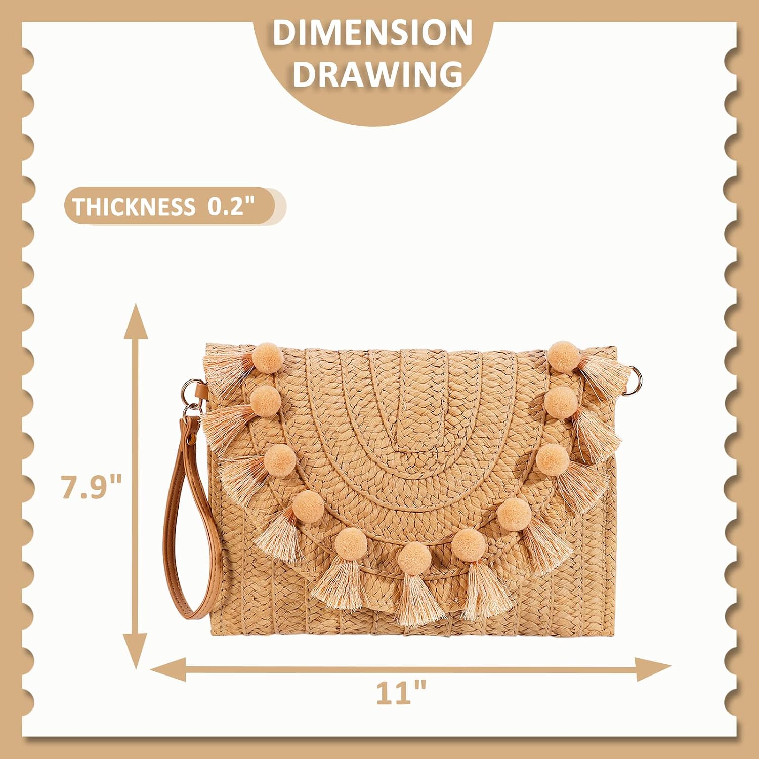 Straw Crossbody Bag for Women, Clutch Purses, Bohemian Handmade Woven Handbags, Tassels Summer Beach Bag, Envelope Wallet(Khaki)