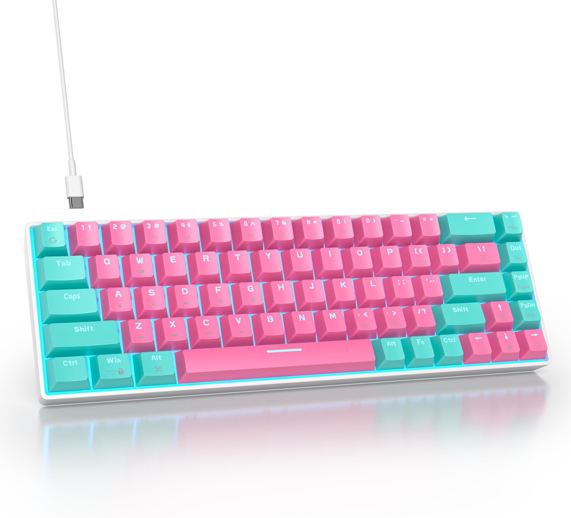 65% Wired Mechanical Keyboard, American QWERTY Layout 68Keys Red Switch Gaming Keyboard with Ice Blue LED Backlit NKRO for Win/Mac(Miami)