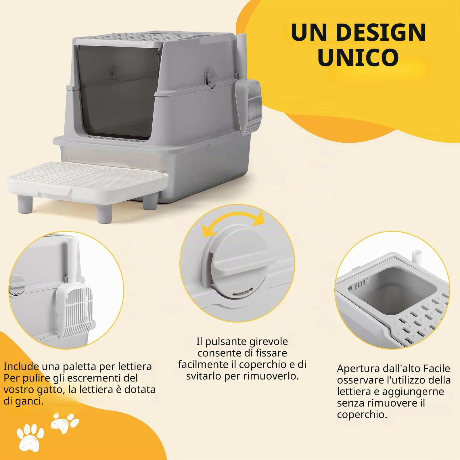 LEADZM Lettiera per gatti XXL - Casa di toilette per gatti chiuso, 60 x 40 x 46 cm, in acciaio inossidabile, coperchio rimovibile, paletta per lettiera e tappetino inclusi, colore: grigio