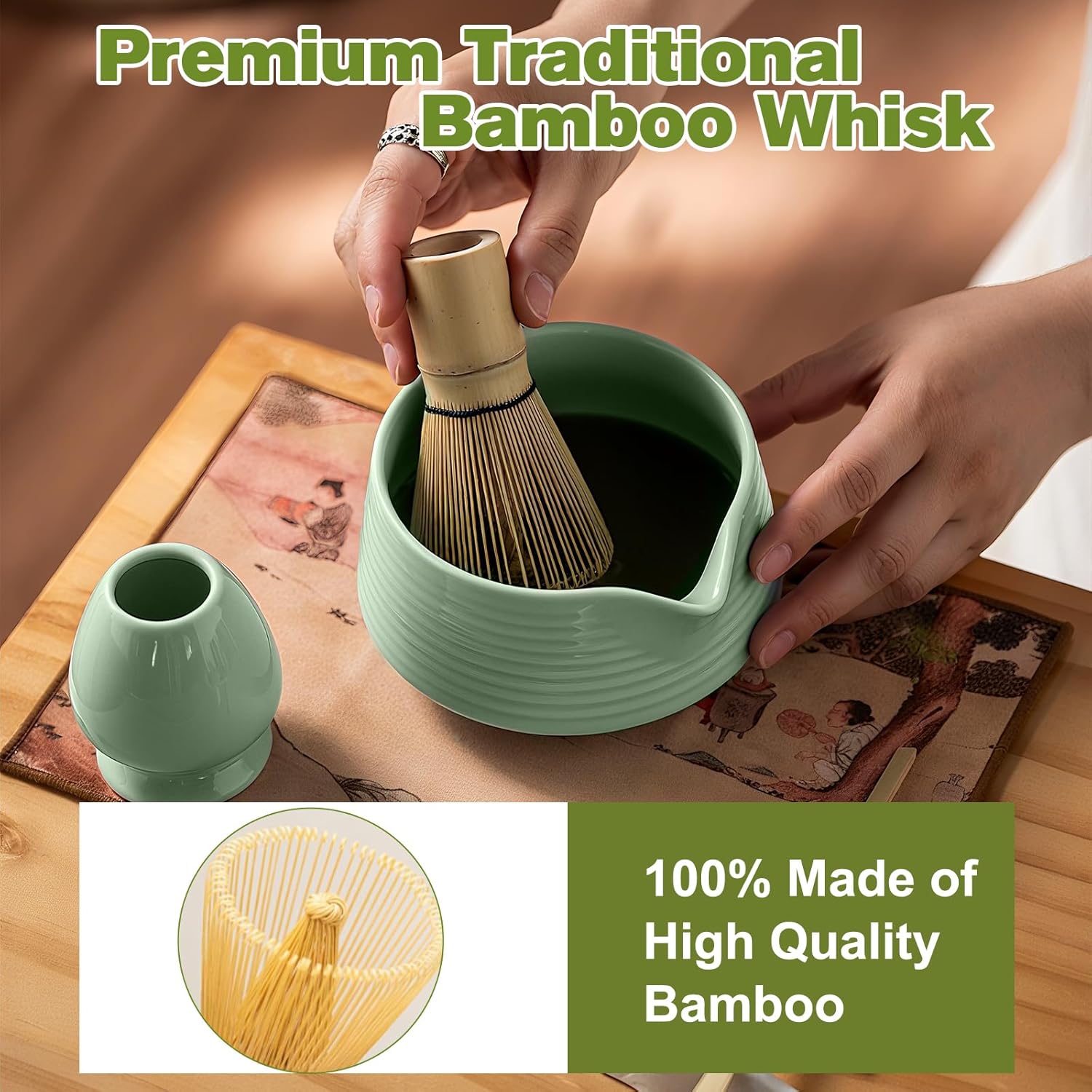 Matcha whisk Set, 8 PCS Ceramic Matcha Kit, Matcha Tea Set with Whisk, Ceramic Bowl, Sifter, Scoop, Holder, Stand, and Tea Towel, Gift for Matcha Lover - Image 4