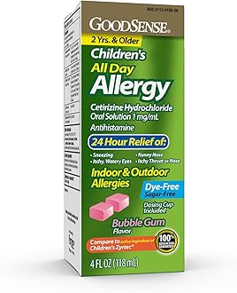 Children's All Day Allergy Relief, Cetirizine Hydrochloride Oral Solution 1 mg/mL, Bubble Gum Flavor, Dye Free, Sugar Free, 4 Fluid Ounce