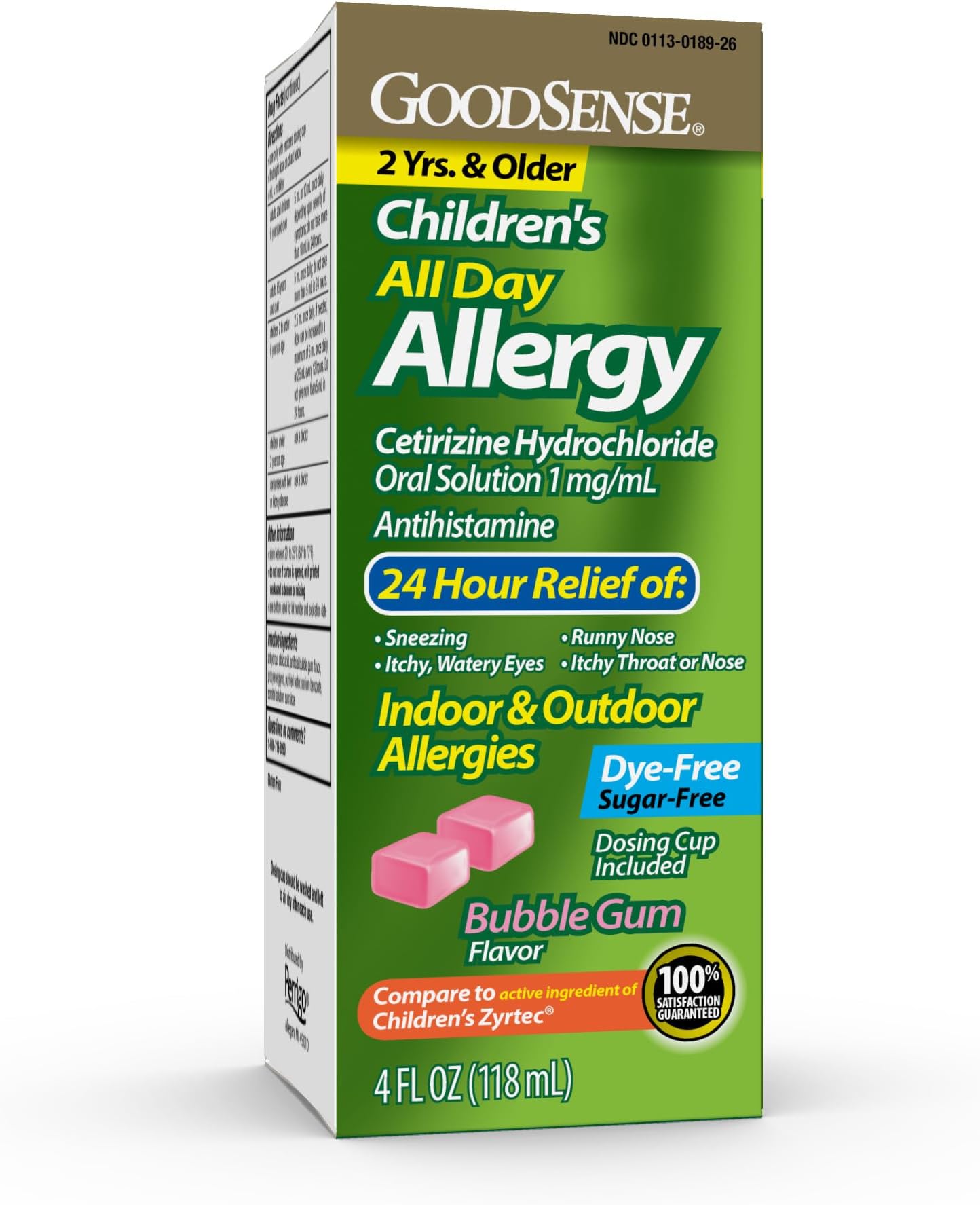 Children's All Day Allergy Relief, Cetirizine Hydrochloride Oral Solution 1 mg/mL, Bubble Gum Flavor, Dye Free, Sugar Free, 4 Fluid Ounce