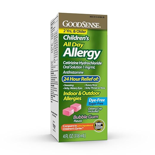 GoodSense Children's All Day Allergy Relief, Cetirizine Hydrochloride Oral Solution 1 mg/mL, Bubble Gum Flavor, Dye Free, Sugar Free, 4 Fluid Ounce