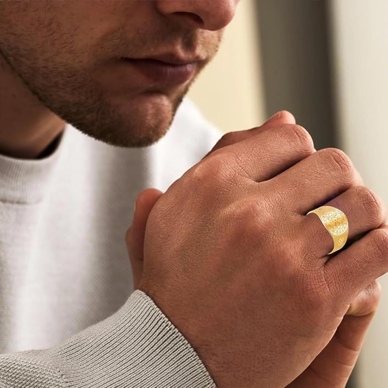 MRENITE Personalized 10K 14K 18K Gold Christian Rings for Men Round Pinky Signet Ring Custom Size Engraved Name Religious Exorcism Ring Gift for Father Son - Image 4