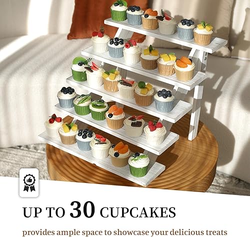 Miniatura 34 de SwallowLiving Soporte rústico de madera para cupcakes para 24 cupcakes, soporte de exhibición de madera escalonada para bodas, mesa de fiesta Blanco