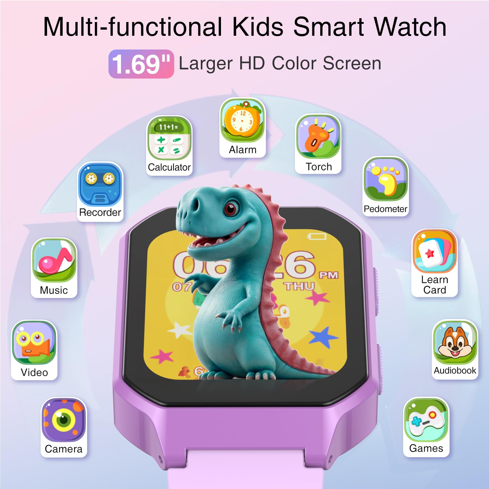 Smart Watch per Bambini - 26 Giochi, Fotocamera, Lettore Video, Musica, Pedometro Smartwatch Giocattolo, Orologio touch screen HD 1,69 pollici, Regali per Ragazzi e Ragazze 3-12 Anni (Viola)