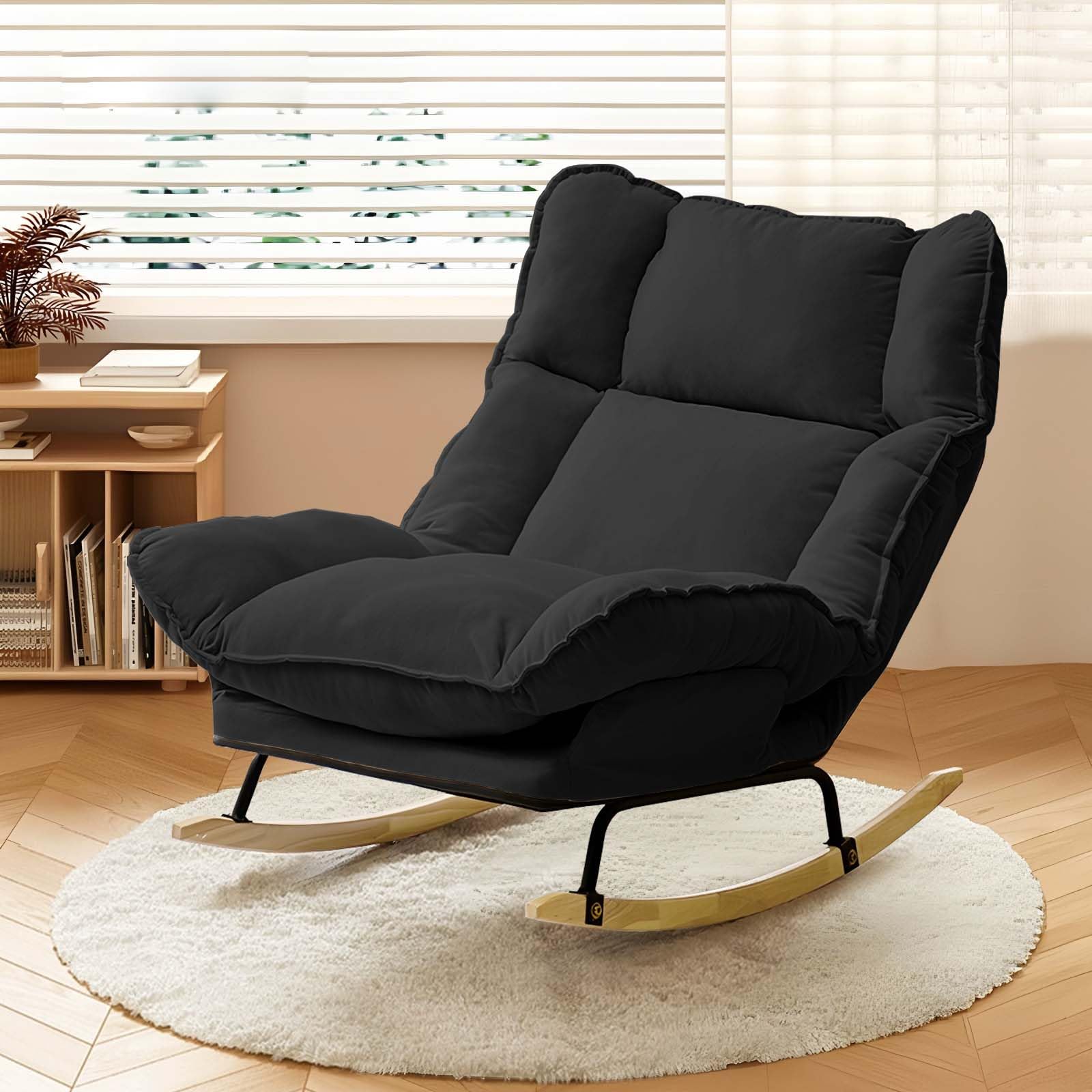HDHNBA Rocking Chair with Adjustable Backrest, Extra-Wide Upholstered Gliding Chair Comfy Reclining Chair, Modern Accent Chair for Living Room Nursery Bedroom (Black)