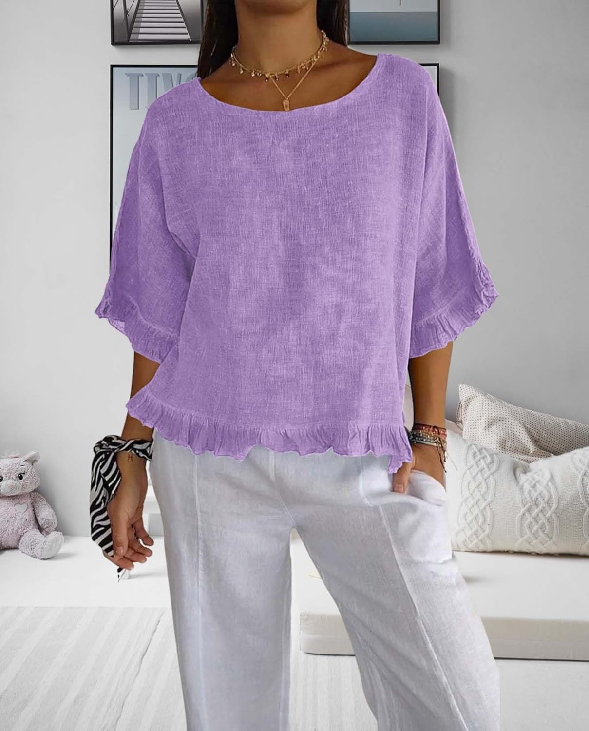Womens Flowy Edge Casual Tops Summer Short Sleeve Loose Fit Shirts Simple Round Neck Baggy Solid Color Blouses - Image 3