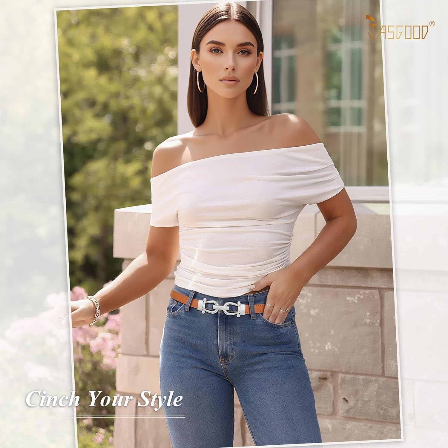 JASGOOD 2 Pack Women’s Thin Belts Pu Leather Adjustable Skinny Waist Belts for Jeans Pants Dresses with Gold Buckle - Image 3