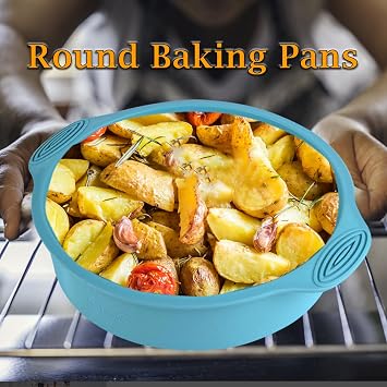8.5in Silicone Cake Pan Molds, Nonstick Round Silicone Bakeware, Round Oven Safe Baking Molds for Cheese Cakes, Chocolate Cakes, Pie and Lasagna (Blue-Set of 2)