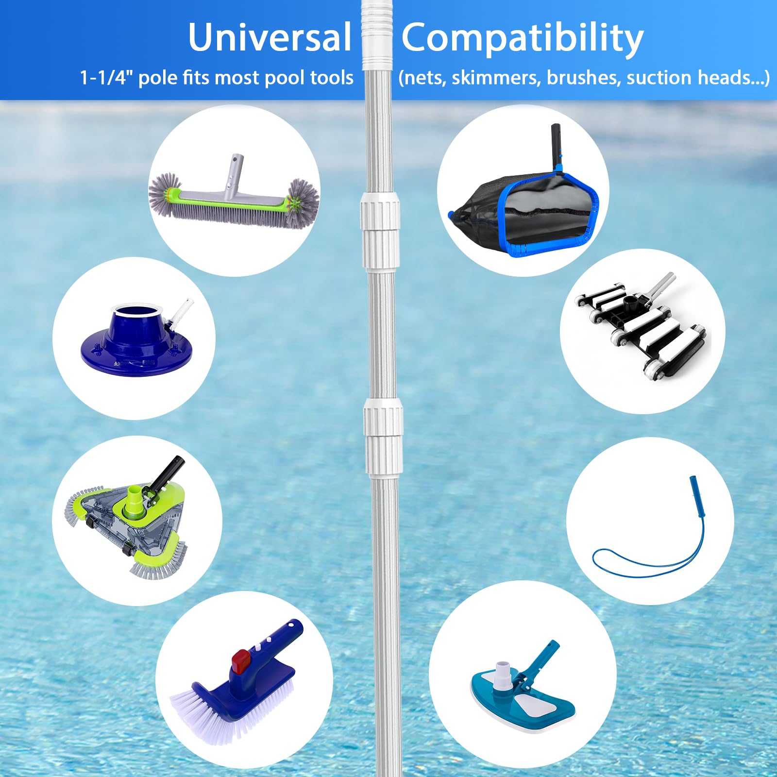 Asta Telescopica per Piscina Alluminio 1,4-4,58 m – Manico in Alluminio a 3 Sezioni, Estensibile per Skimmer, Spazzola e Pulizia del Fondo, Robusta e Leggera per Piscine e Stagni
