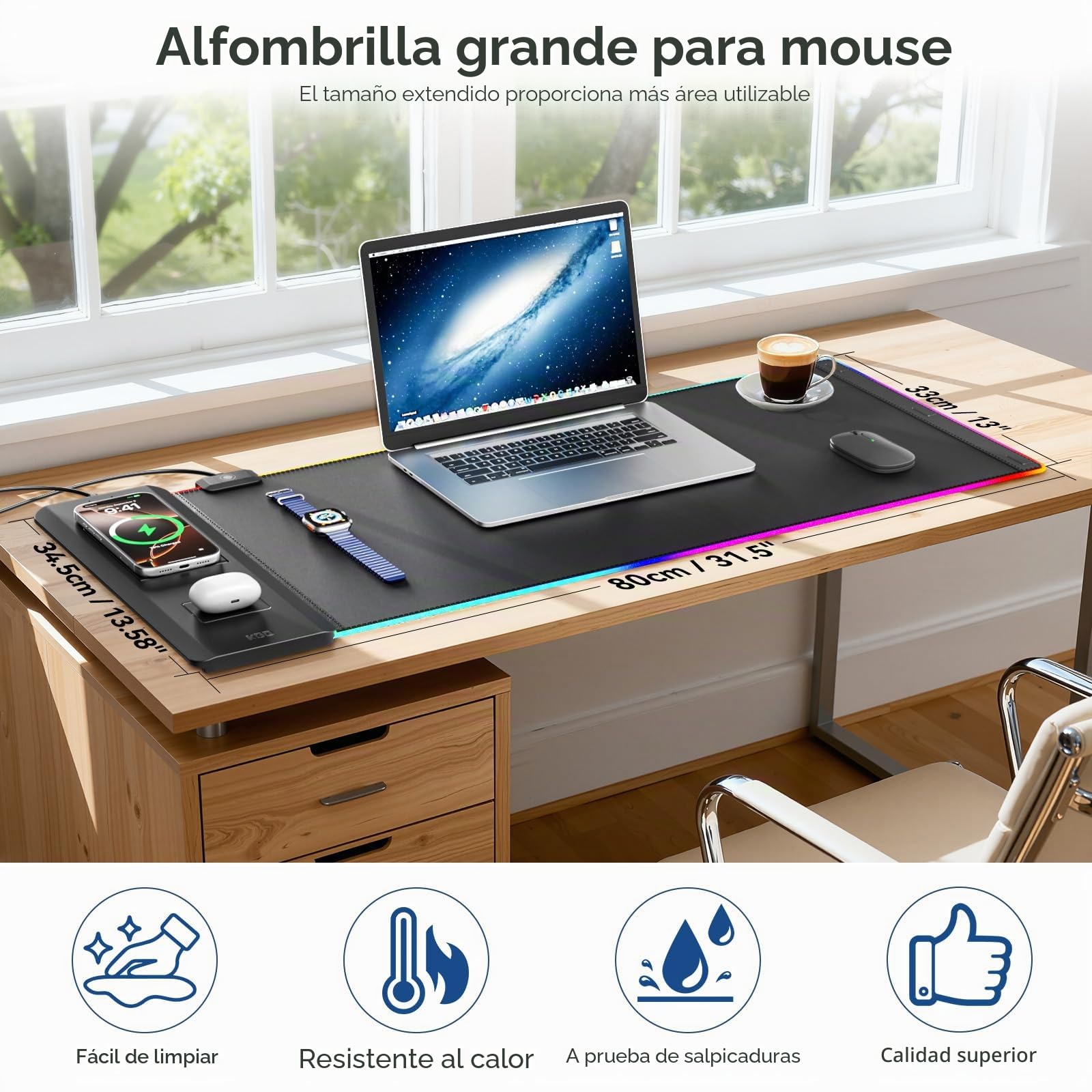 KDD LED Alfombrilla Ratón Gaming con 15W Carga Inalámbrica, Tapete Escritorio con Soporte Móvil Plegable, Mouse Pad XXL Antideslizante para Juegos Accesorios Gaming PC Auriculares Reloj (70x33cm)