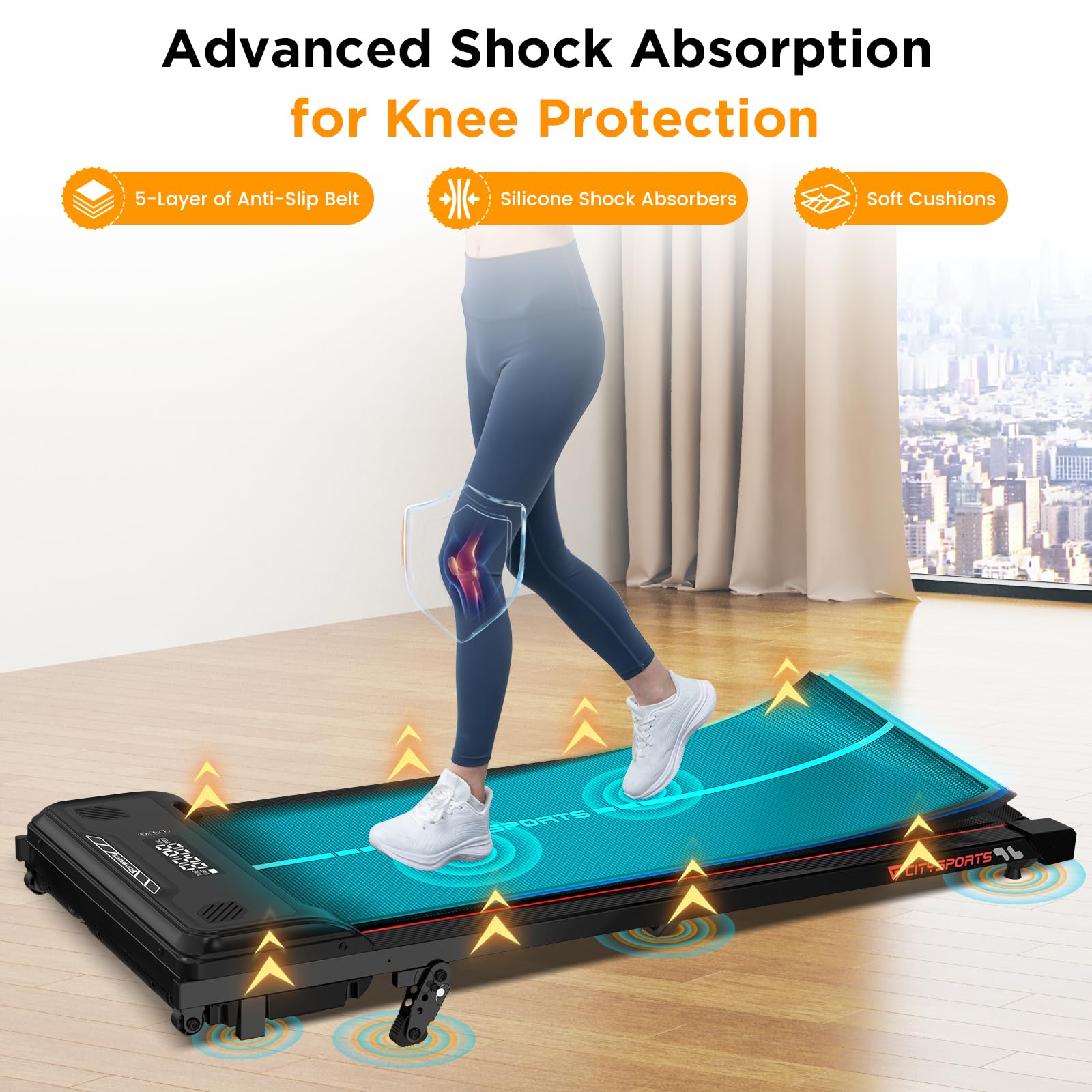 CITYSPORTS Laufband mit Steigung 10%, Elektrisches Walking Pad für Zuhause & Büro, 1–6 km/h, 440 W leiser Motor, LED-Anzeige, Bluetooth-Musikfunktion, Stoßdämpfung, 110 kg Belastbar