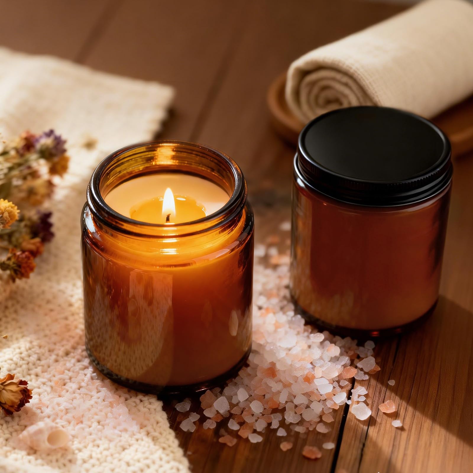 24 barattoli per candele in vetro ambrato con coperchi, barattoli di vetro spesso con coperchi in metallo nero opaco, barattoli vuoti per la produzione di candele, conservazione, artigianato fai da te