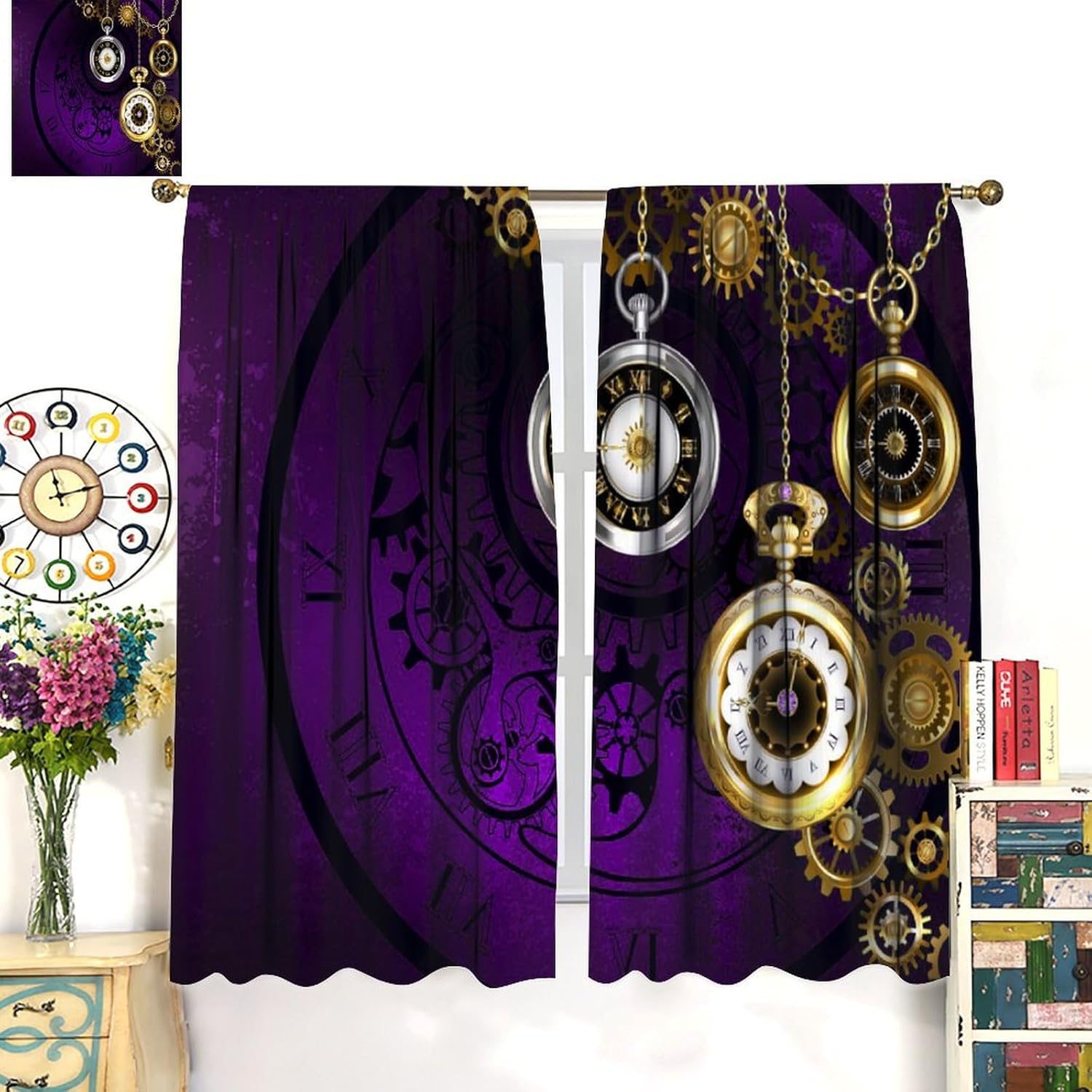 Rustic Clock Curtains, Vintage Grunge Purple Antique Clock Pattern Blackout Window Treatments, Rod Pocket Thermal Insulated Drapes 2 Panel Sets for Bedroom Living Room, 42" W X 45" L