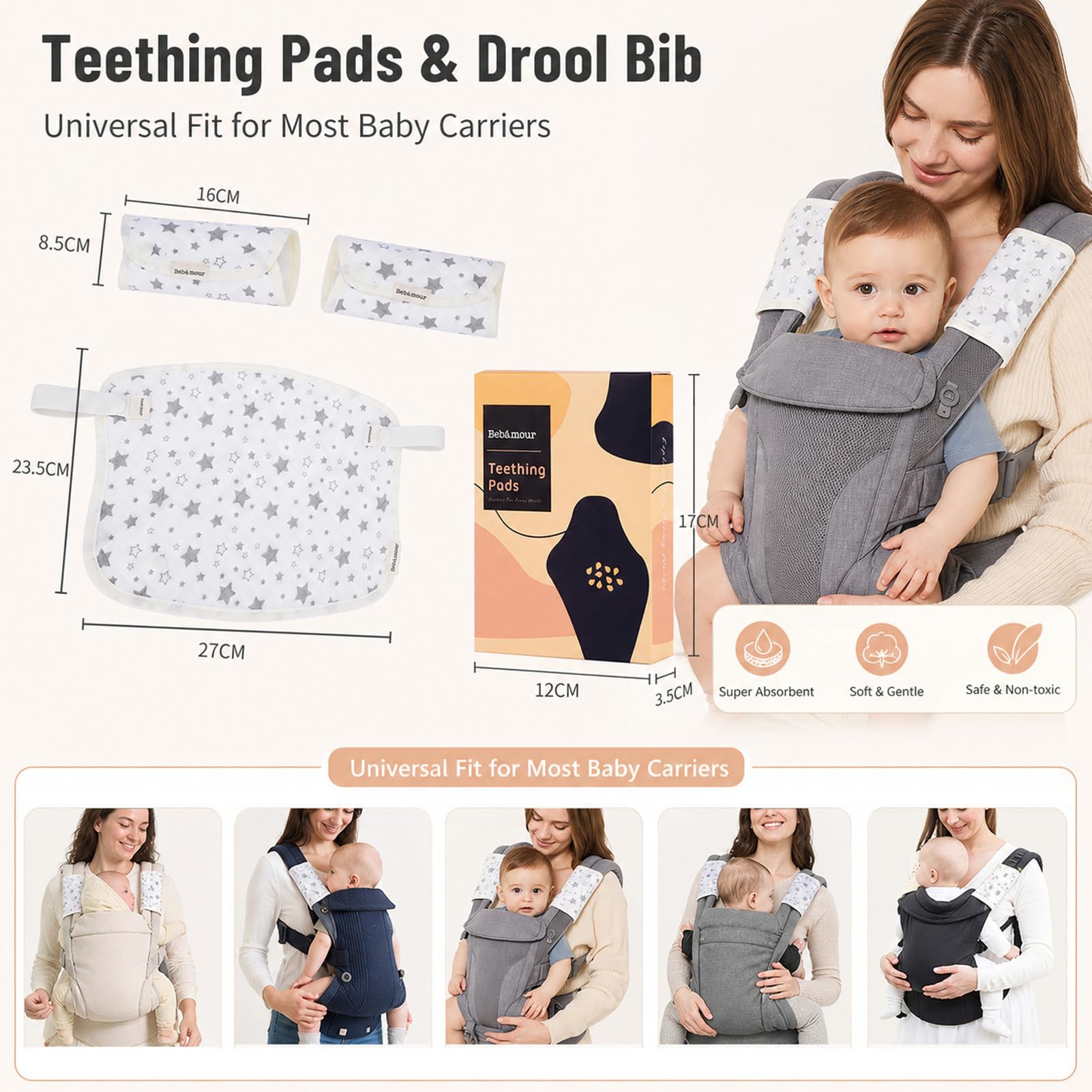 Bebamour Almohadillas de dentición para portabebés, baberos de baba 100% algodón para portabebés para recién nacidos y niños pequeños