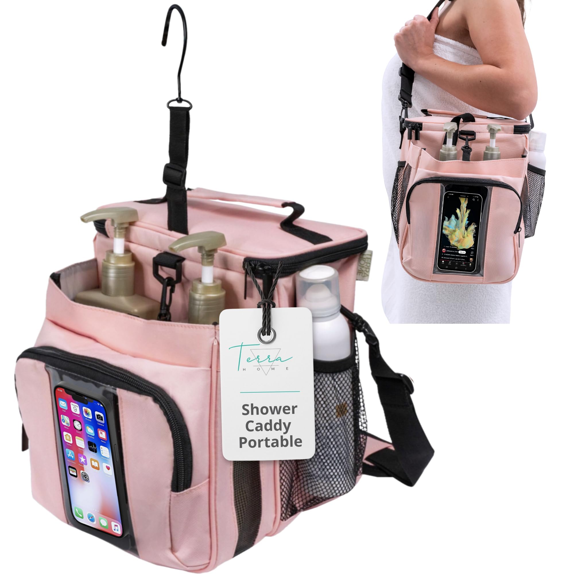 TERRA HOME XL Portable Shower Caddy Bag for Girls with Extra Storage, Durable Mesh Bottom, Shoulder Strap, Keychain Holder Shower Caddy Case for College Dorms - Travel Vacation Essentials (Blush Pink)
