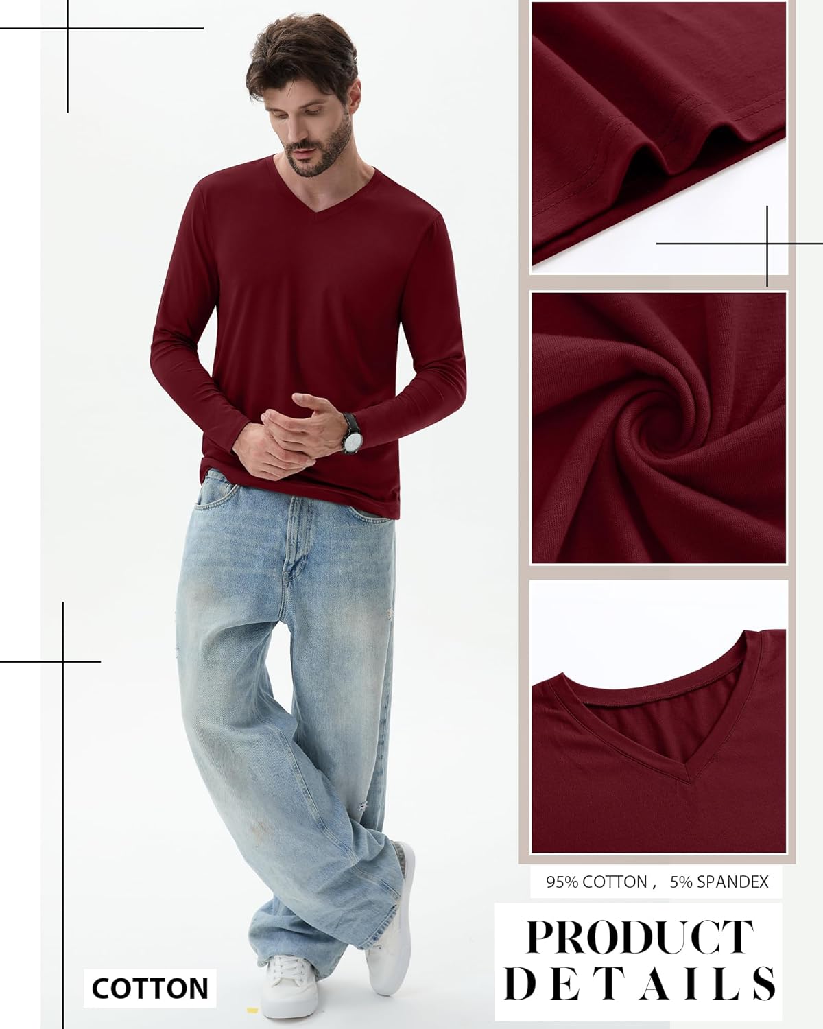 5 Pack Men's Big and Tall Shirts Cotton V Neck L-7xl Long Sleeve Loose Tops Winter Casual Basic Tee Multipack - Image 4