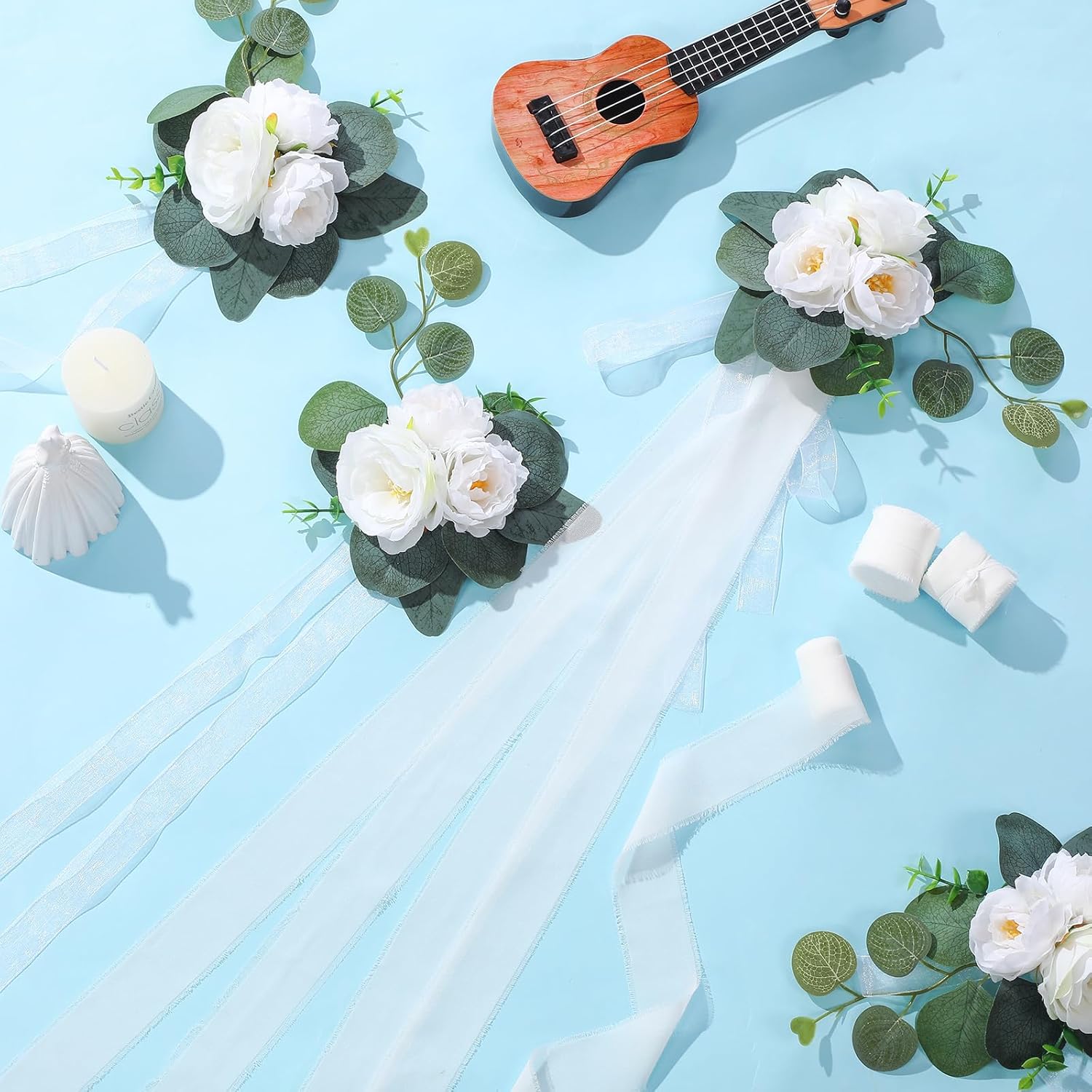 Zeyune 24 Sets Wedding Aisle Decorations for Wedding Ceremony Chair Artificial Roses and Eucalyptus Leaves with White Chiffon Ribbons for Reception Chair Arrangement Church Pew Flowers Decorations