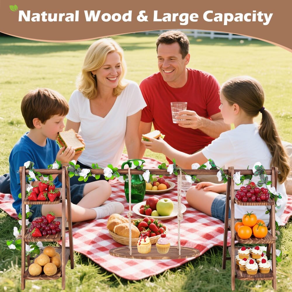 Wooden 3 Tier Cupcake Stand with Swing and Foldable Stand – Wood Dessert Display, Cupcake Swing Stand, Charcuterie Board, Serving Tray Set, Rustic Wooden Food Display for Parties