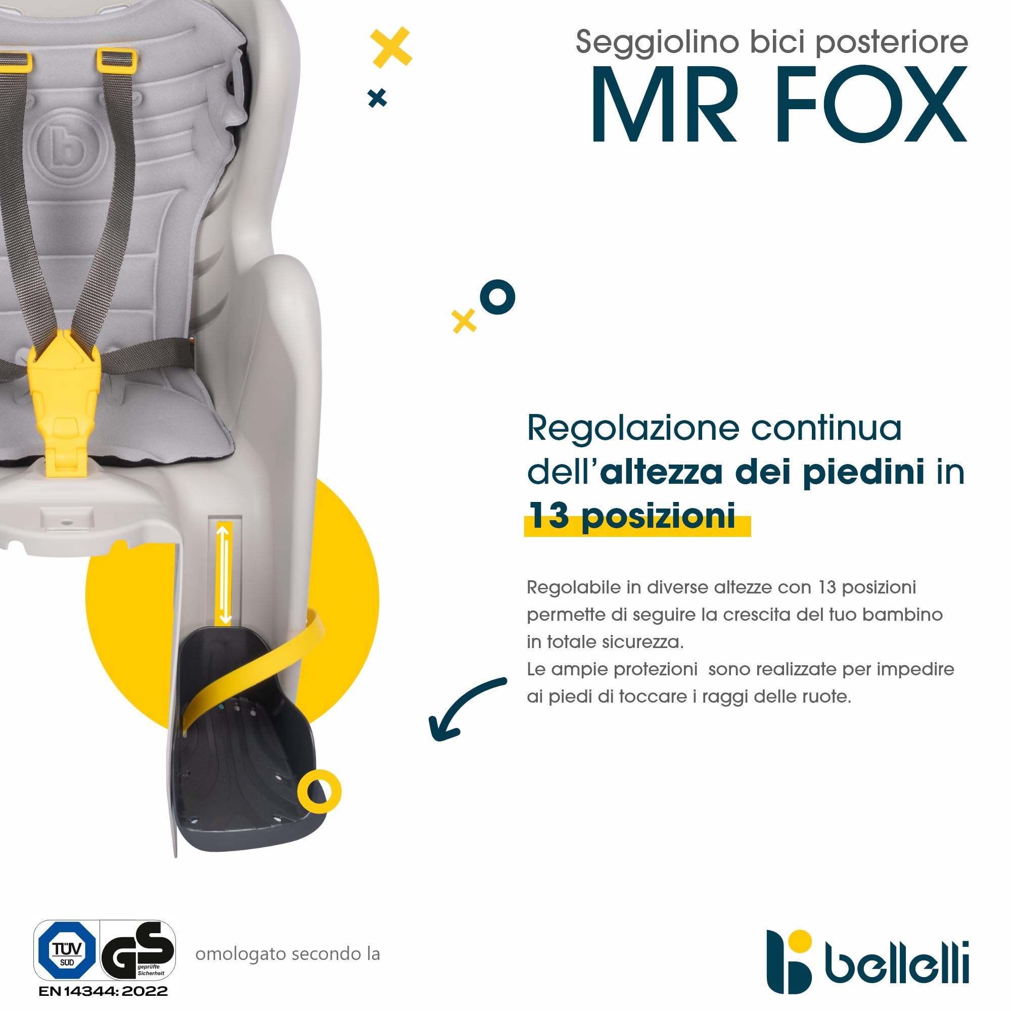 Bellelli | Mr Fox - Seggiolino Posteriore per Bicicletta - per Bambini Fino a 22 kg, da 3 a 8 Anni - Si Fissa al Telaio - Colore Silk Grey