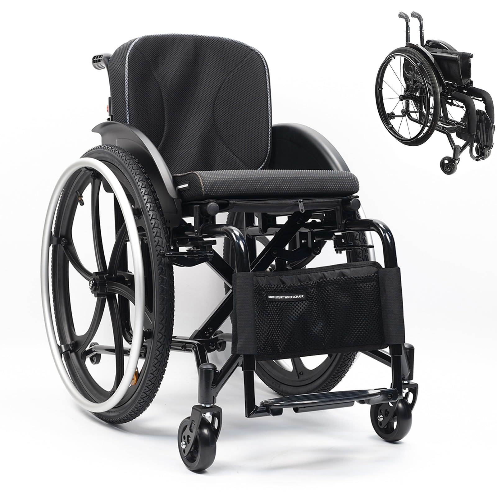 Sedia a rotelle sportiva for tutti i terreni, sedia a rotelle manuale semovente, pieghevole, portatile, lega di alluminio, nero, stile moderno, capacità di carico di 220 libbre(42cm/16.5in)