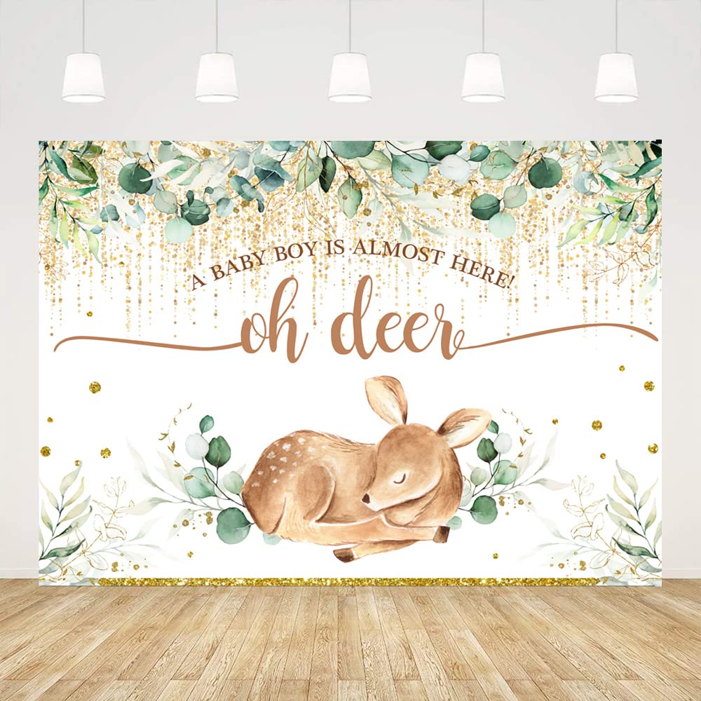 Ticuenicoa 7x5ft Oh Deer A Baby Boy is Almost Here Baby Shower Backdrop for Photography Green Leaves Babyshower Backdrops Glitter Gold Newborn Kids