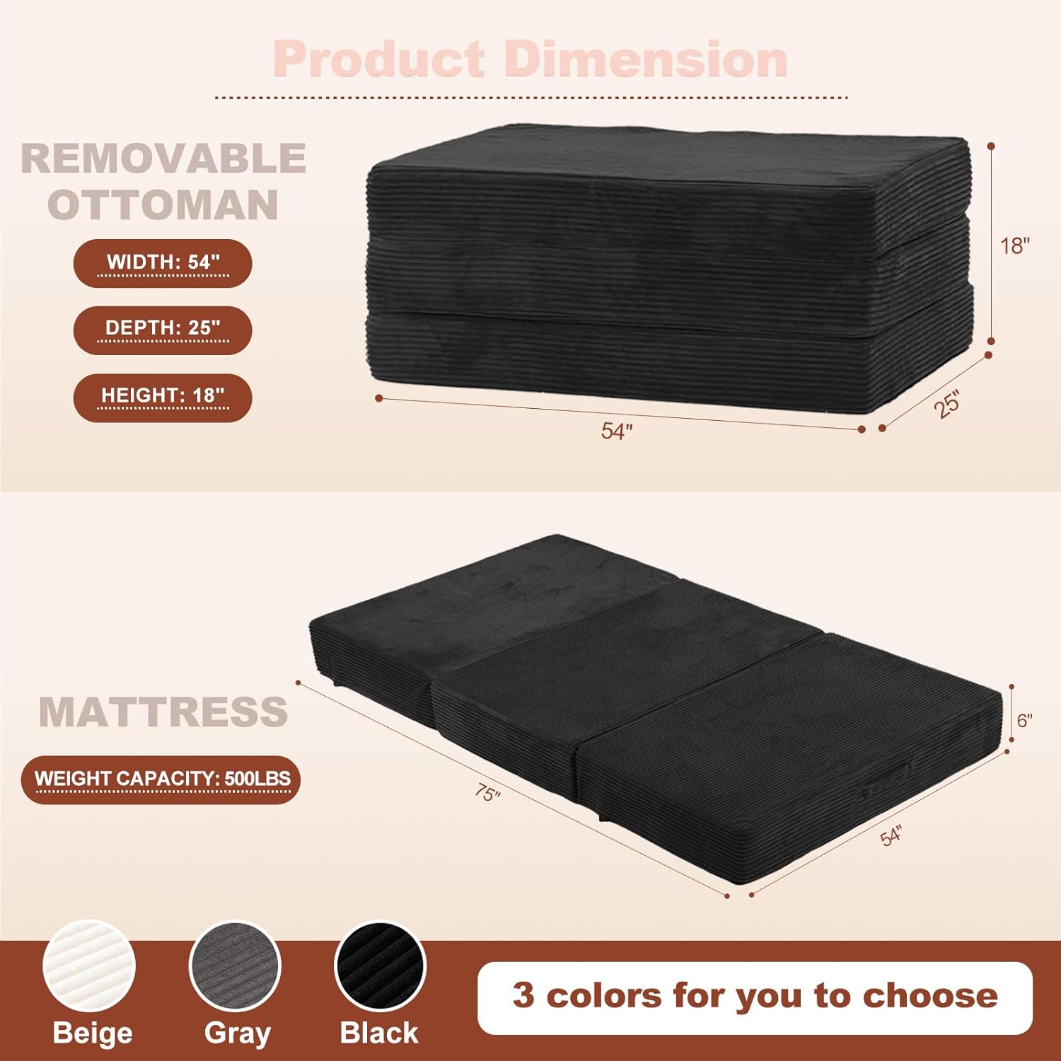 6-Inch Tri-Fold Foldable Mattress, Folding Sofa Bed with Removable Washable Cover, Portable Futon Mattress Full Size Floor Guest Mat with Non-Slip Bottom & Carry Handles for Camping Black Full