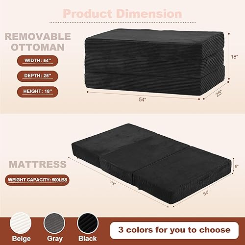 Miniatura 2 de 6-Inch Tri-Fold Foldable Mattress, Folding Sofa Bed with Removable Washable Cover, Portable Futon Mattress Full Size Floor Guest Mat with Non-Slip