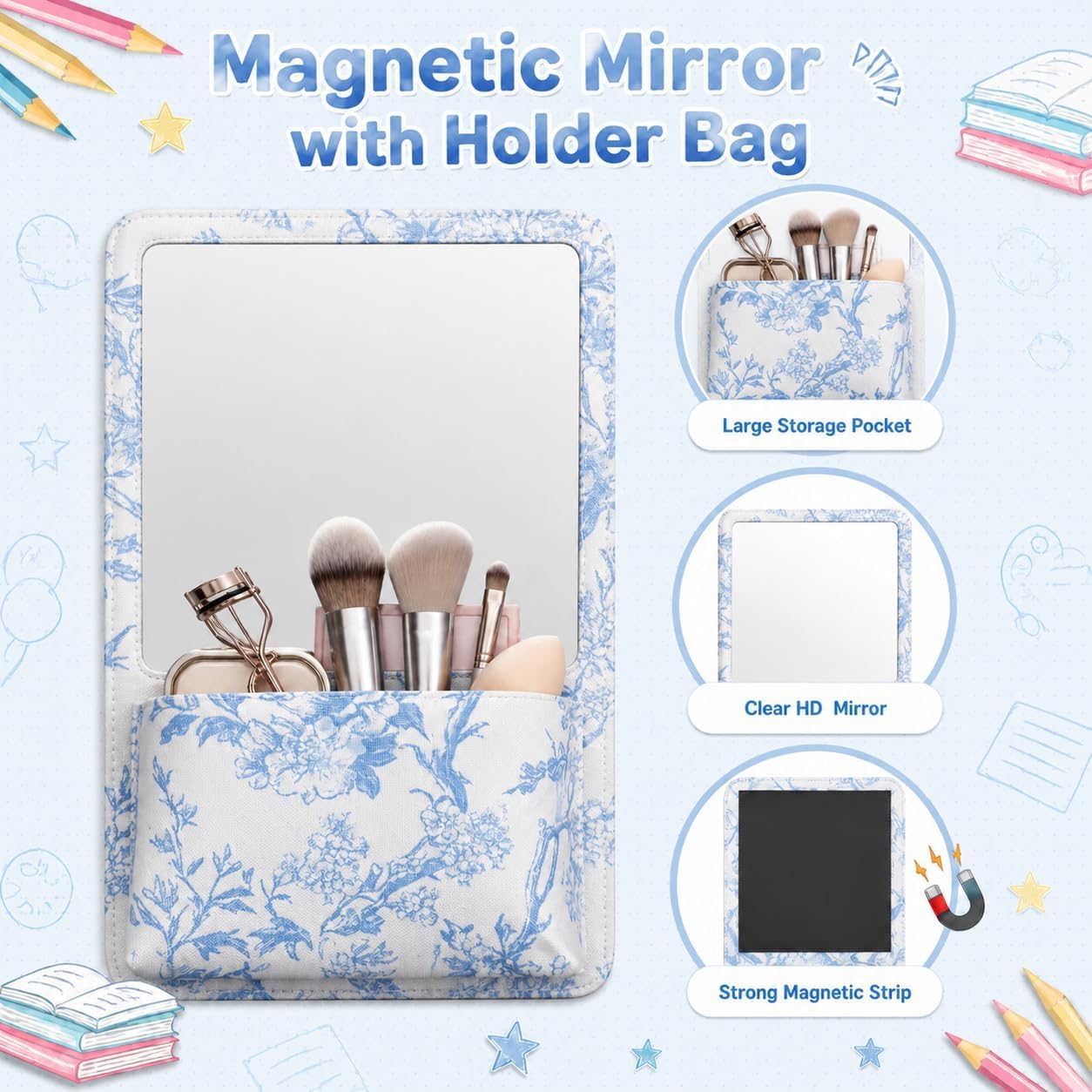 Coquette Aesthetic Blue Magnetic Locker Mirror with Storage Bag 13x8 Inch Strong Magnetic Backing Locker Organizer Accessories Decorations Back to School Essentials image 3