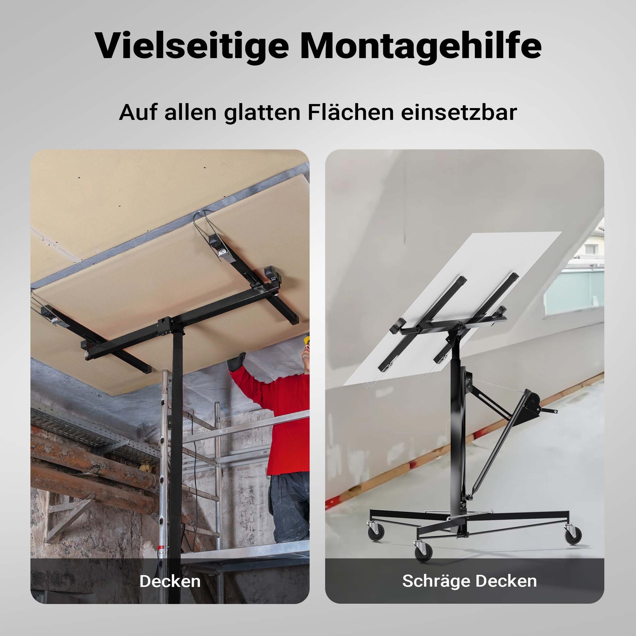 Wiltec XXL Plattenheber bis max. 68 kg, Höhe 140-350 cm, max. Breite 2,90 m, Trockenbau Montagehilfe 1-Mann-Bedienung, 3 Räder mit Feststellbremse, schwarz