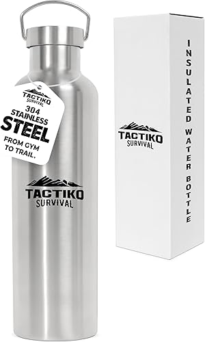 Tactiko Survival Botella de agua aislada de acero inoxidable con boca ancha, aislamiento de doble pared, a prueba de fugas, sin BPA, con cepillo de