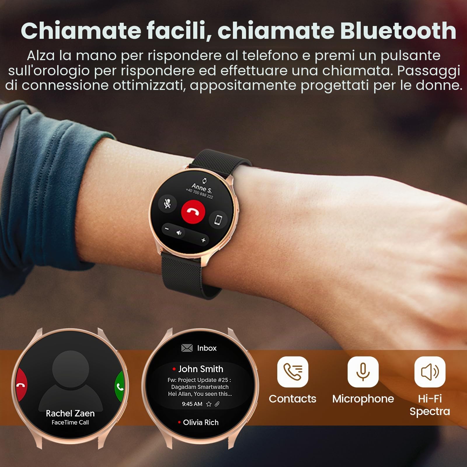 SLOKSFil Smartwatch donna con Bluetooth Chiamate, 1,39" Orologio donna rotondo SpO2/24H Cardiofrequenzimetro/Pressione Sanguigna/Sonno Contapassi 100+ Modalità Sportive per iOS Android (Oro rosa nero)
