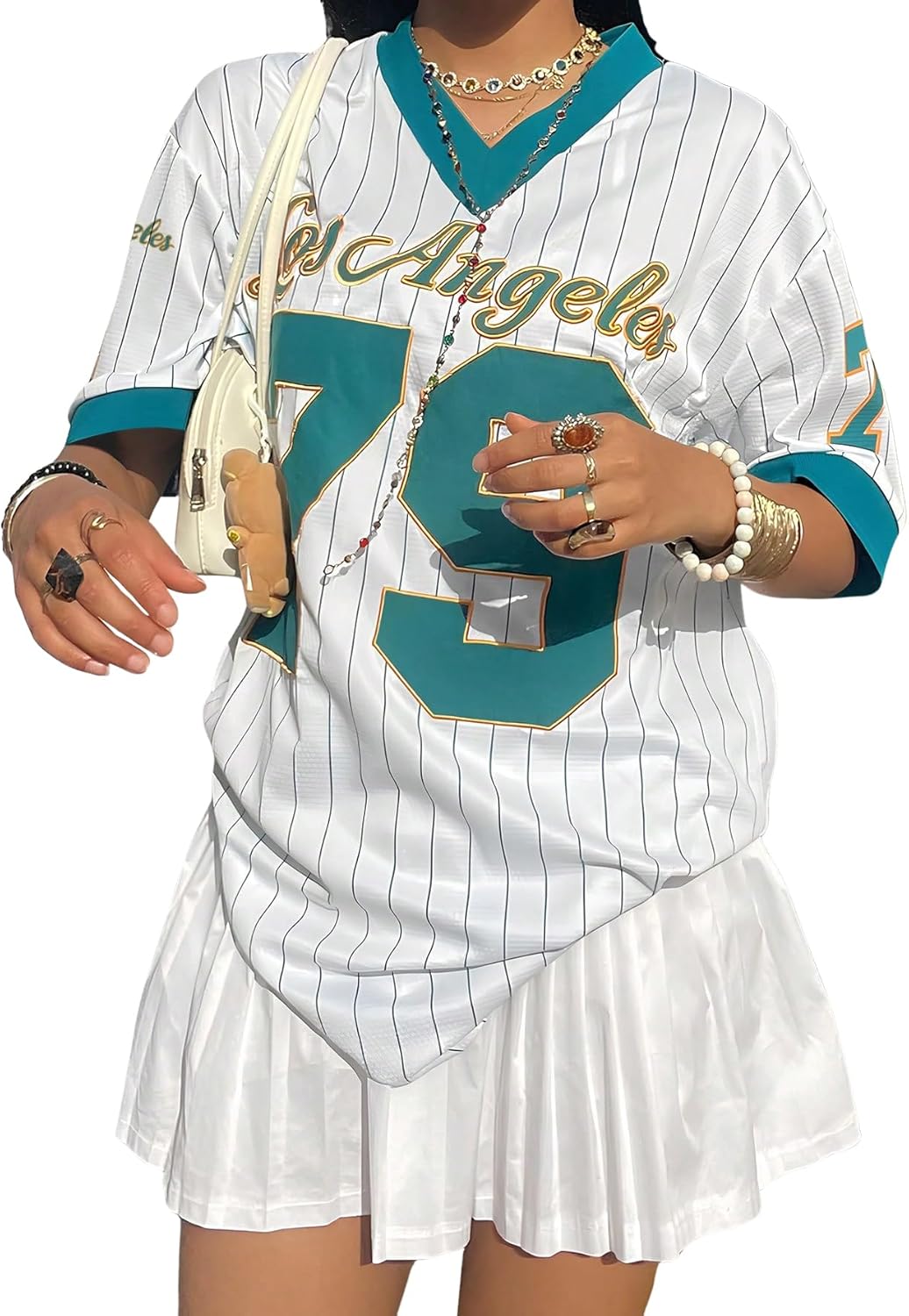 SOLY HUX Jersey Shirts for Women Y2k Oversized T Shirt Striped Number Graphic Tees V Neck Half Sleeve Streetwear Tops