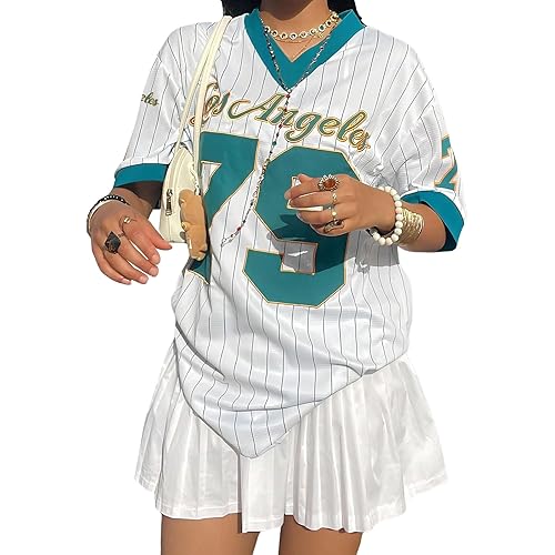 SOLY HUX Jersey Shirts for Women Y2k Oversized T Shirt Striped Number Graphic Tees V Neck Half Sleeve Streetwear Tops