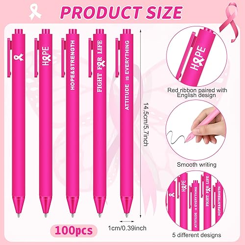 Miniatura 2 de Ireer 100 bolígrafos retráctiles para concientización sobre el cáncer de mama, con cinta rosa, con mensajes, para reconocimiento de caridad, eventos