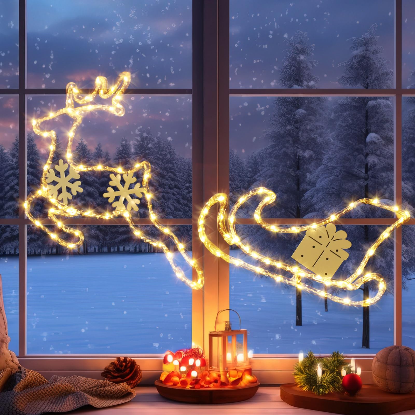 GlobaLink Luci Natale Finestra Renna e Slitta con 95LED, Renna Natale Luminosa con Batteria 8 Modalità IP44 Impermeabilità Finestre Luci per Interno Esterno Vetrina Porte Casa Festa, Bianco Caldo
